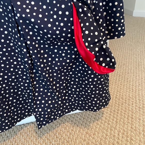 Navy Blue Polka Dot Button-Up Coat - Size 4 - Trench - Red Satin Lining - Picture 8 of 8